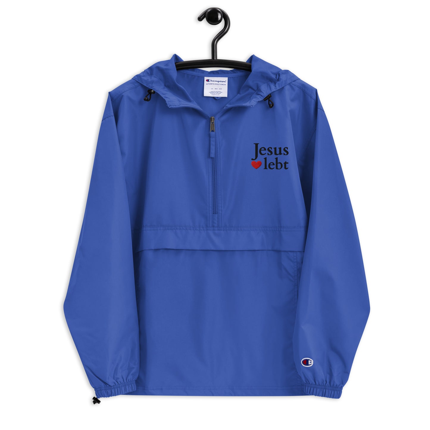 Jesus lebt - Bestickte, verstaubare Champion-Jacke - helles Design - DE faith design by The Light of Life
