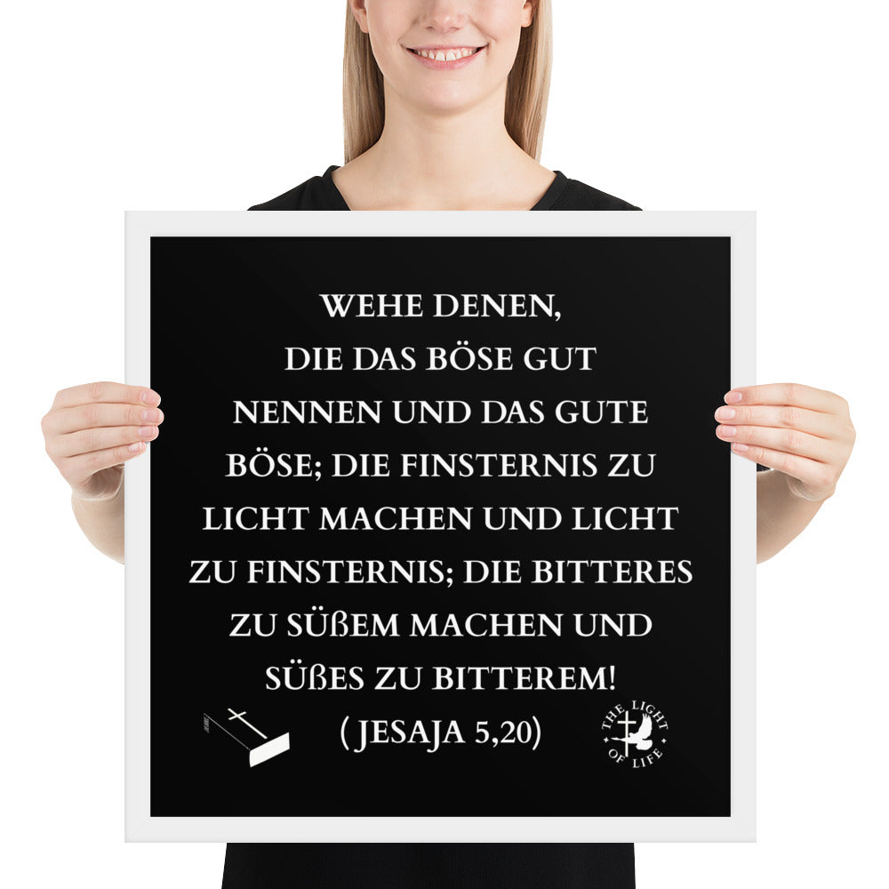 Gerahmtes Poster aus Holz mit Bibelvers-Jesaja, schwarz-weißes Design mit biblischem Zitat.