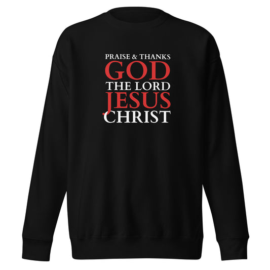 Christian sweatshirt praise the Lord with bold text design in black and red colors.