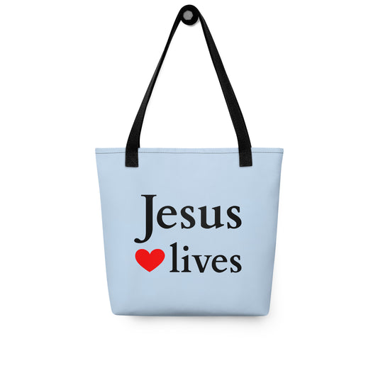 Jesus lives - Tote bag blue EN faith design by The Light of Life