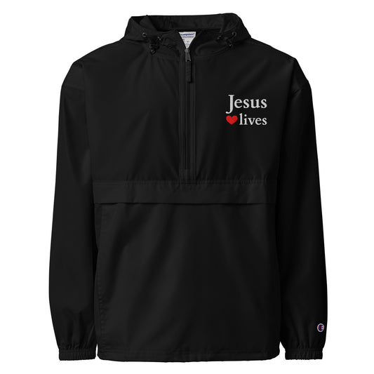 Jesus Lives Champion Packable Jacket – Wind & Rain Resistant, Hooded Pullover with Embroidered Logo, Praise the Lord Edition faith design by The Light of Life