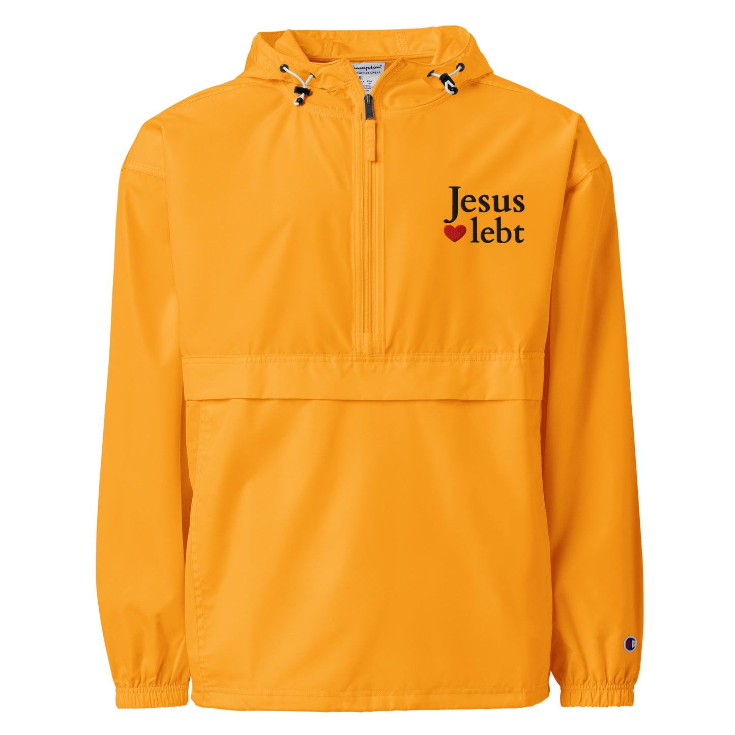 Jesus lebt - Bestickte, verstaubare Champion-Jacke - helles Design - DE faith design by The Light of Life