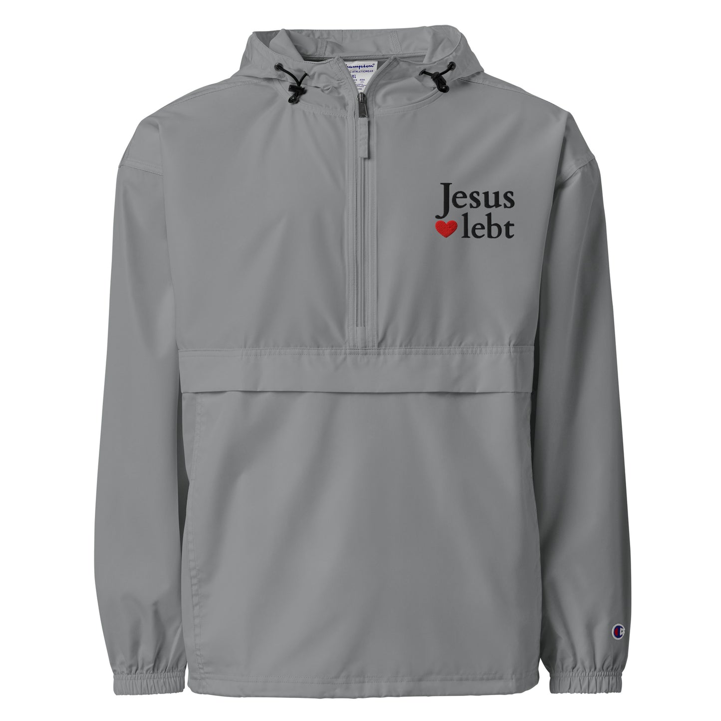 Jesus lebt - Bestickte, verstaubare Champion-Jacke - helles Design - DE faith design by The Light of Life