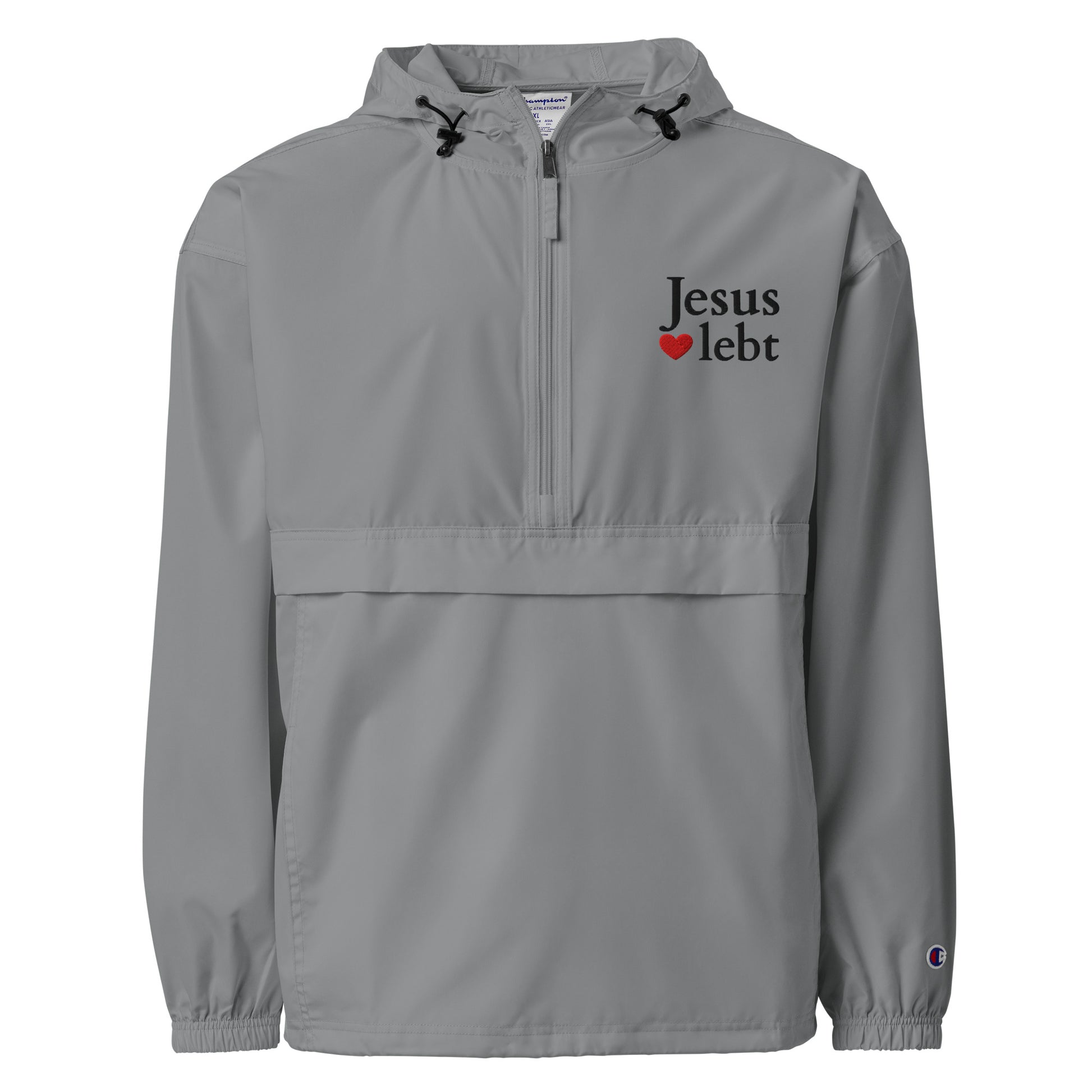 Jesus lebt - Bestickte, verstaubare Champion-Jacke - helles Design - DE faith design by The Light of Life