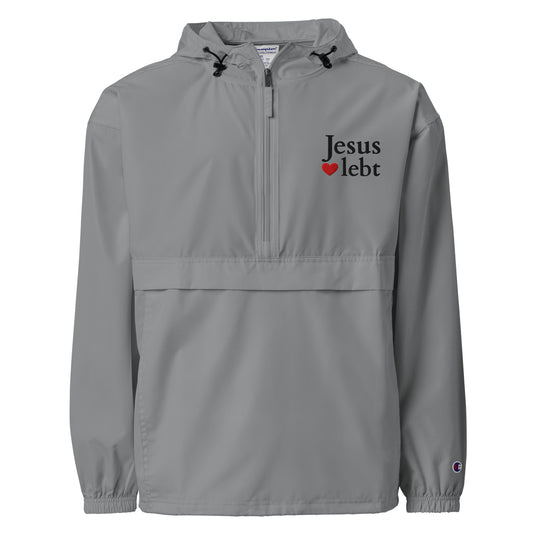 Jesus lebt - Bestickte, verstaubare Champion-Jacke - helles Design - DE ${variant-option} faith design by The Light of Life