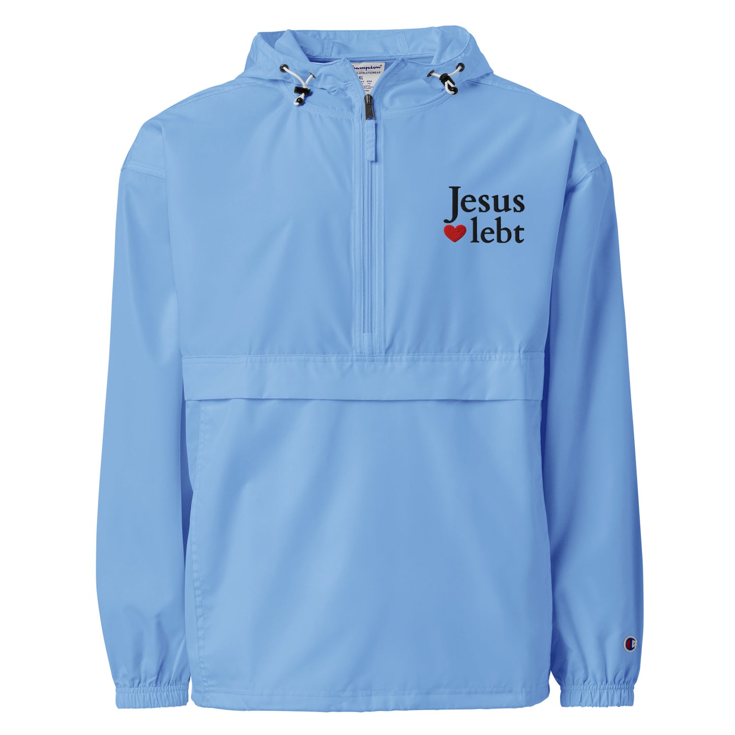 Jesus lebt - Bestickte, verstaubare Champion-Jacke - helles Design - DE faith design by The Light of Life