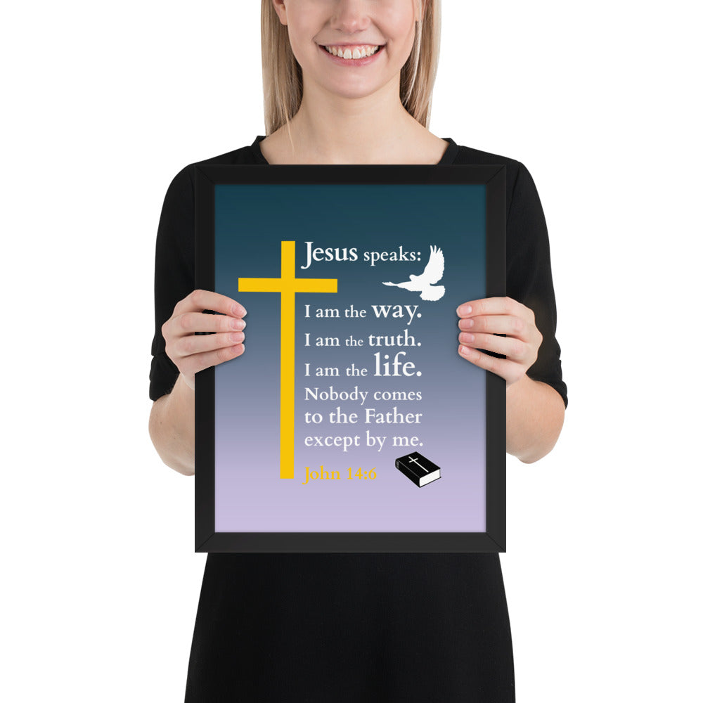 Gerahmtes Poster kaufen mit christlichem Design, zeigt Kreuz, Friedenstaube und Bibelvers Johannes 14:6.