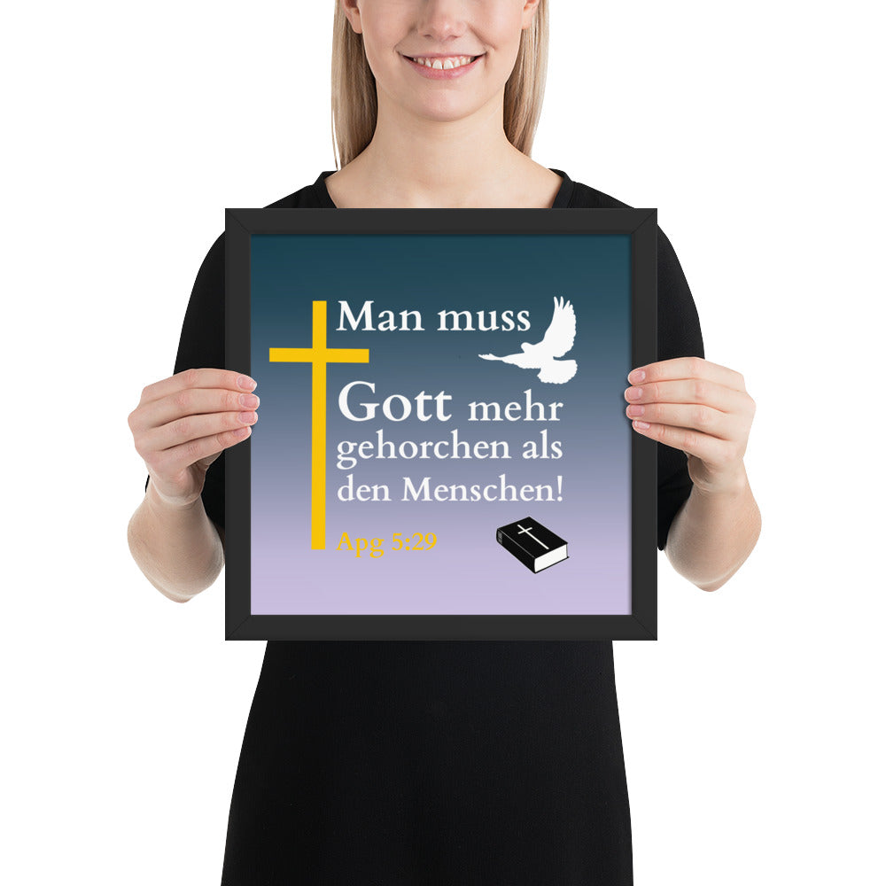 Gerahmtes Poster kaufen mit biblischem Zitat und Kreuzmotiv, verziert mit einem Vogel und im schwarzen Holzrahmen.