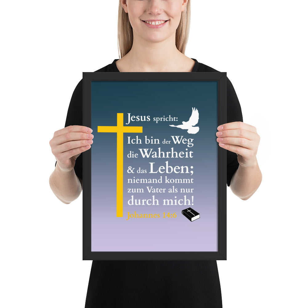 Gerahmtes Poster kaufen mit christlichem Spruch und Kreuzmotiv im schwarzen Rahmen.