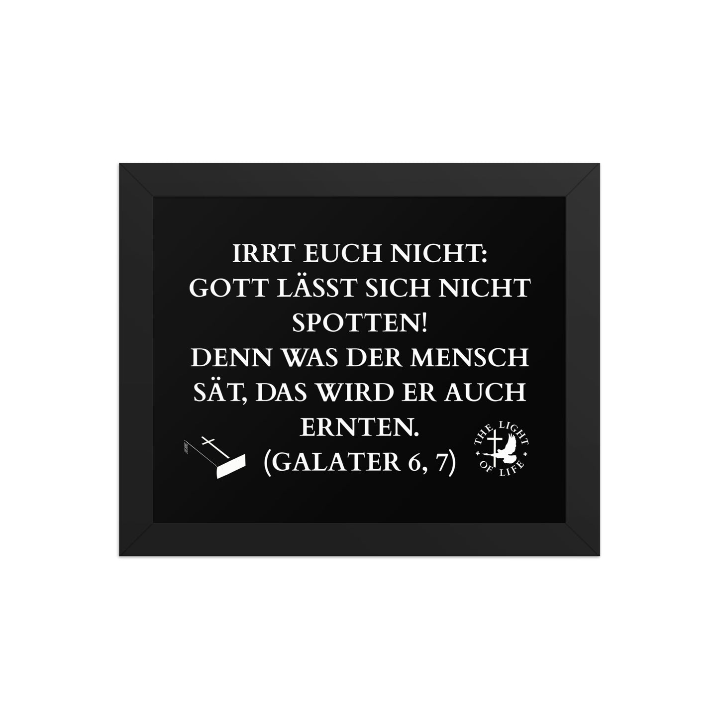 Gerahmtes Poster mit Bibelvers Galater 6,7 – ziere deine Wände mit Glauben.