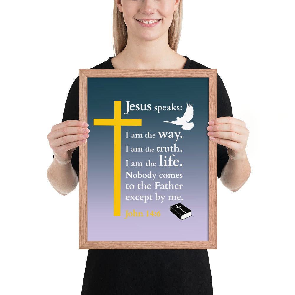 Gerahmtes Poster kaufen mit christlichem Design, Gelbes Kreuz und biblischem Zitat in Holzrahmen.