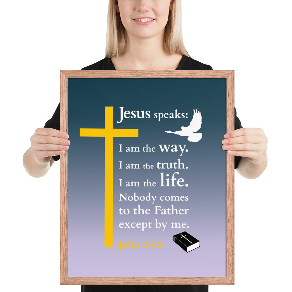 Gerahmtes Poster kaufen mit christlichem Design, gelber Kreuz und Bibel mit biblischem Zitat, ideal für jeden Raum.