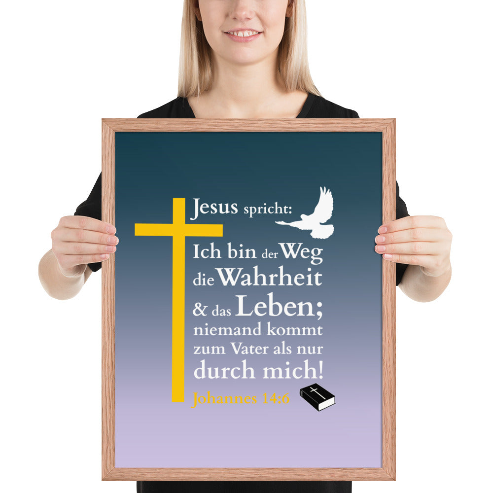 Gerahmtes Poster kaufen mit biblischem Zitat und Kreuzmotiv in Holzrahmen.