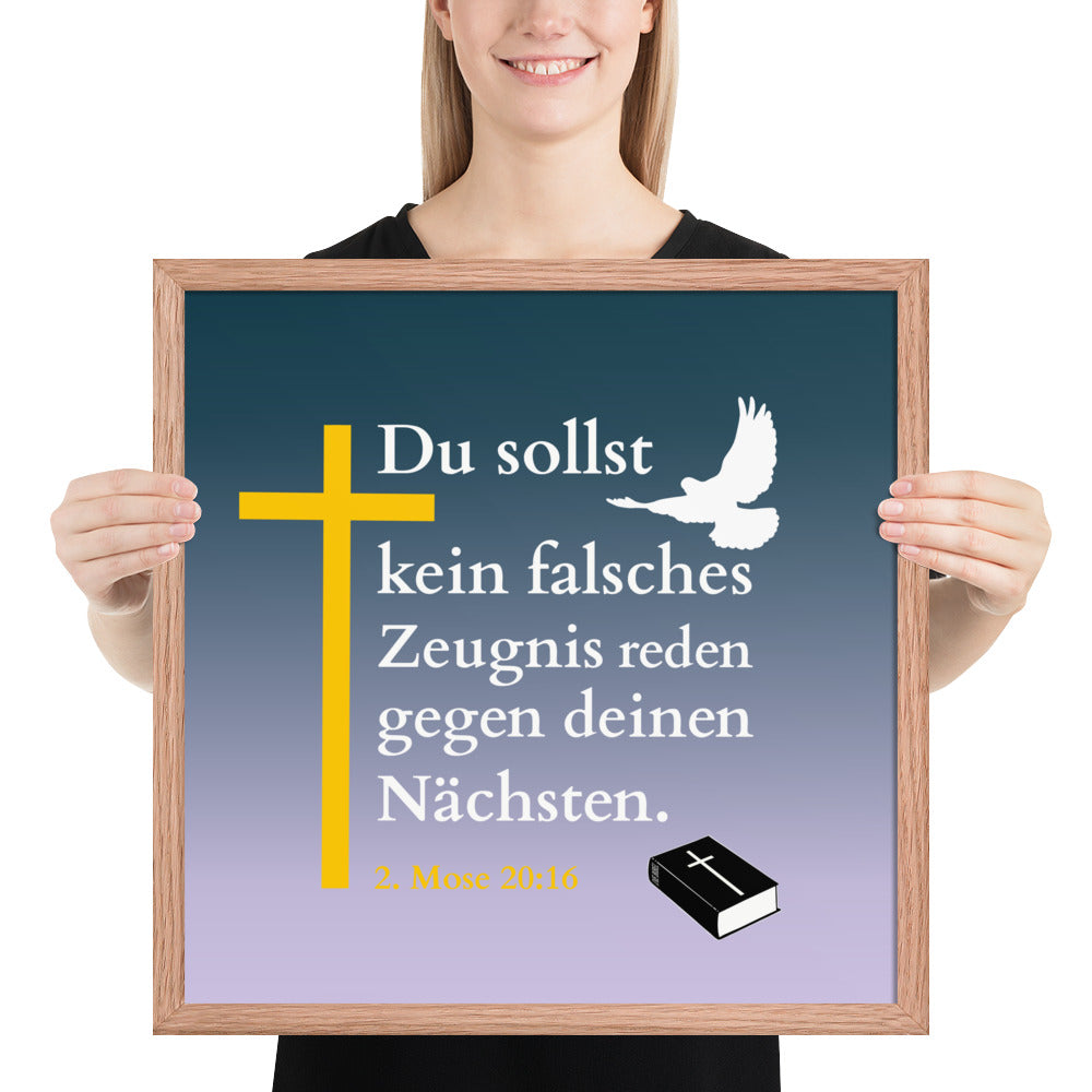 Gottes Gebot - Poster, auf dickem, mattem Papier, mit gelbem Kreuz und Taube, gerahmt und als besondere Dekoration.