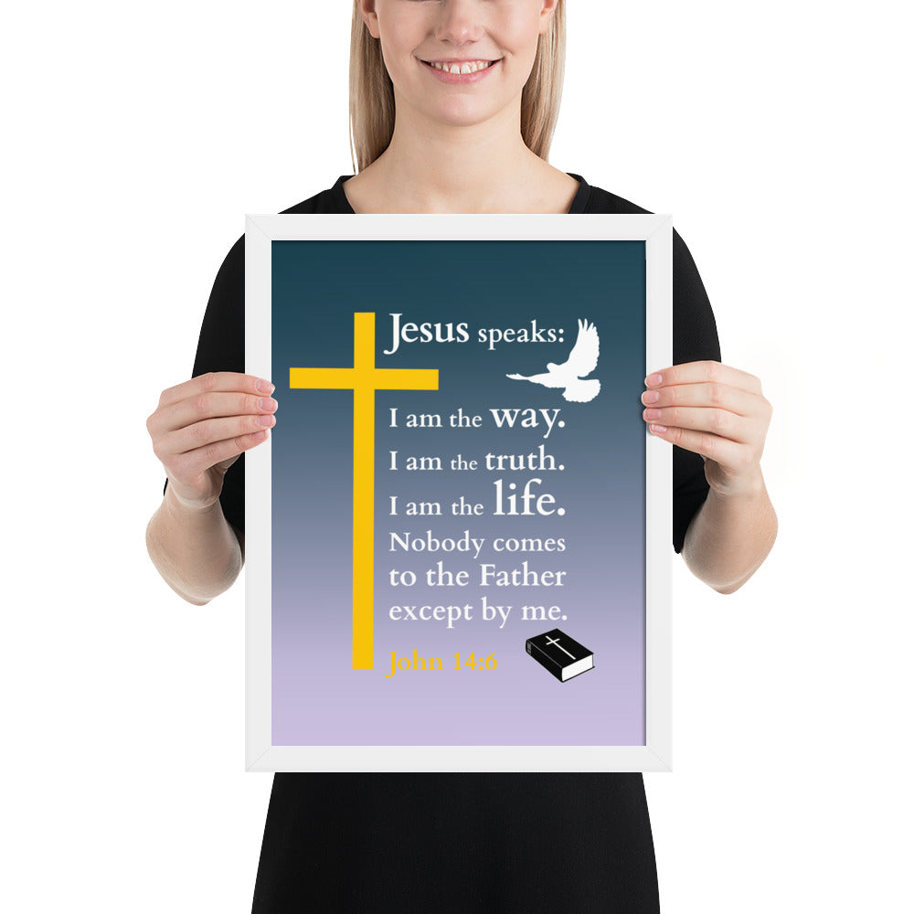 Gerahmtes Poster kaufen mit christlichem Design, das Jesus und den Text aus Johannes 14:6 zeigt.