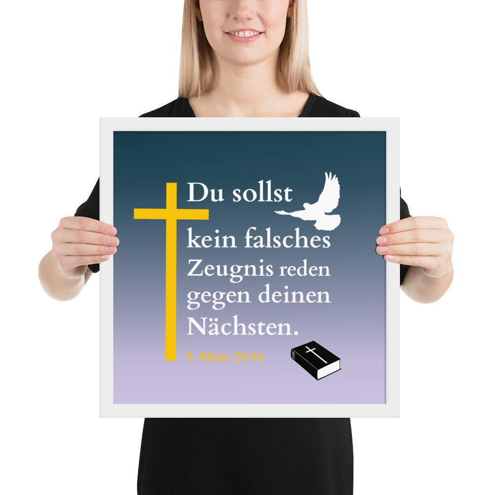 Gottes Gebot - Poster mit einem gelben Kreuz und einem weißen Vogel, Zitat aus 2. Mose 20:16.