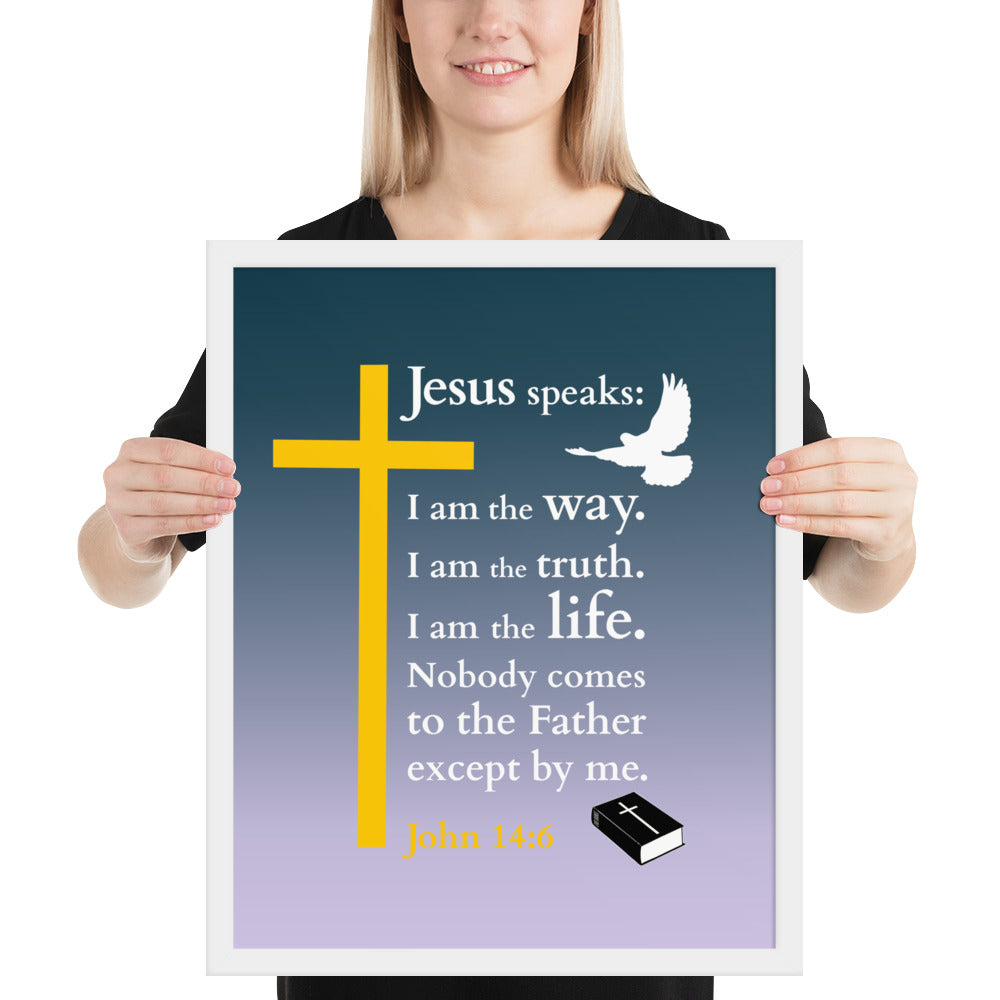 Gerahmtes Poster kaufen mit christlichem Design und Bibelvers, präsentiert von einer Person.