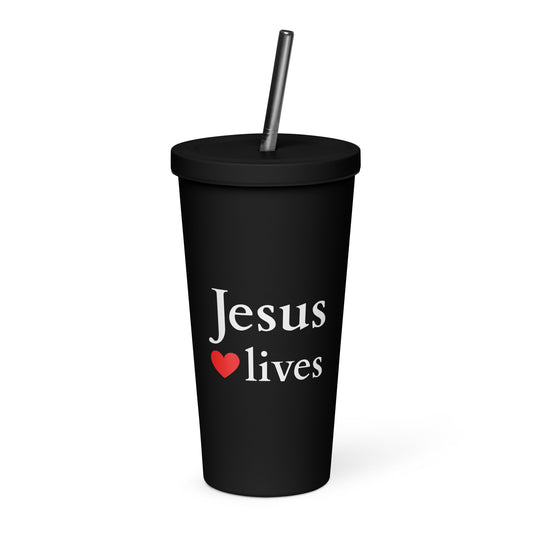 Jesus lives - Insulated tumbler with a straw - dark Design EN faith design by The Light of Life