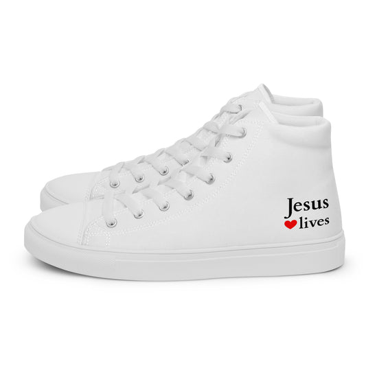 Jesus lives - Men’s high top canvas shoes white EN faith design by The Light of Life
