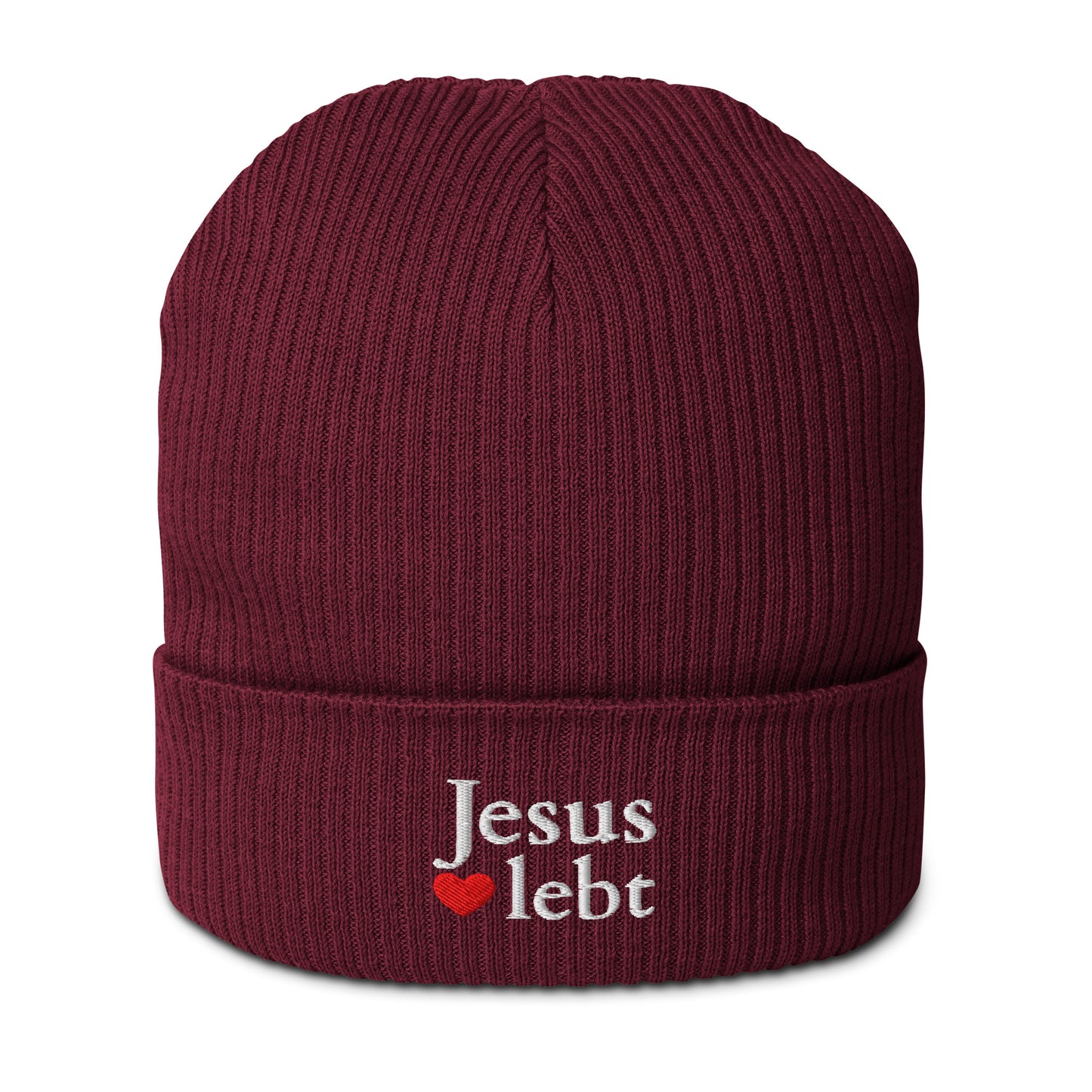 Warme Wintermütze Jesus lebt - gerippte Mütze aus Bio-Baumwolle in dunklem Rot mit Stickerei