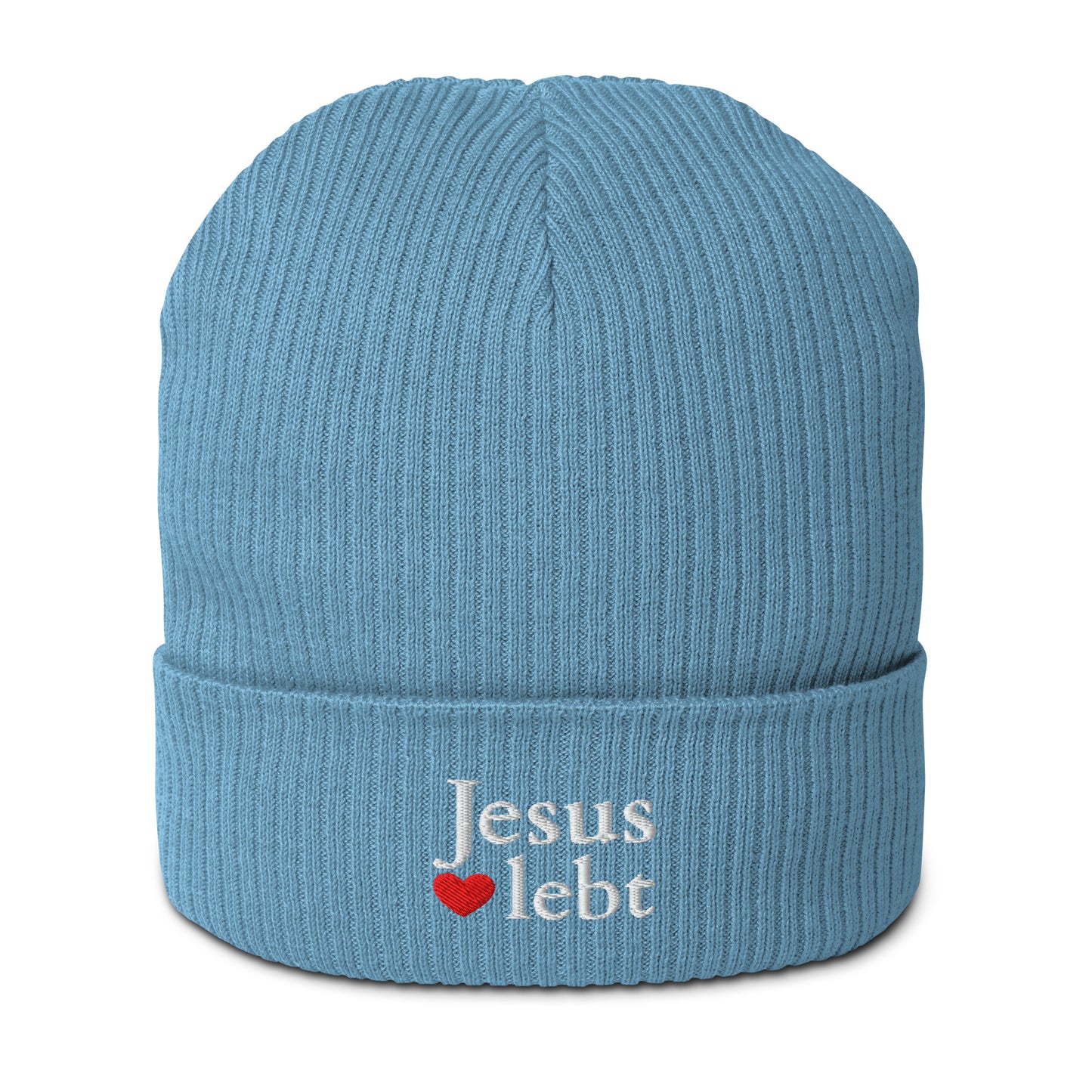 Warme Wintermütze Jesus lebt aus Bio-Baumwolle in Blau mit Schriftzug 'Jesus lebt'.