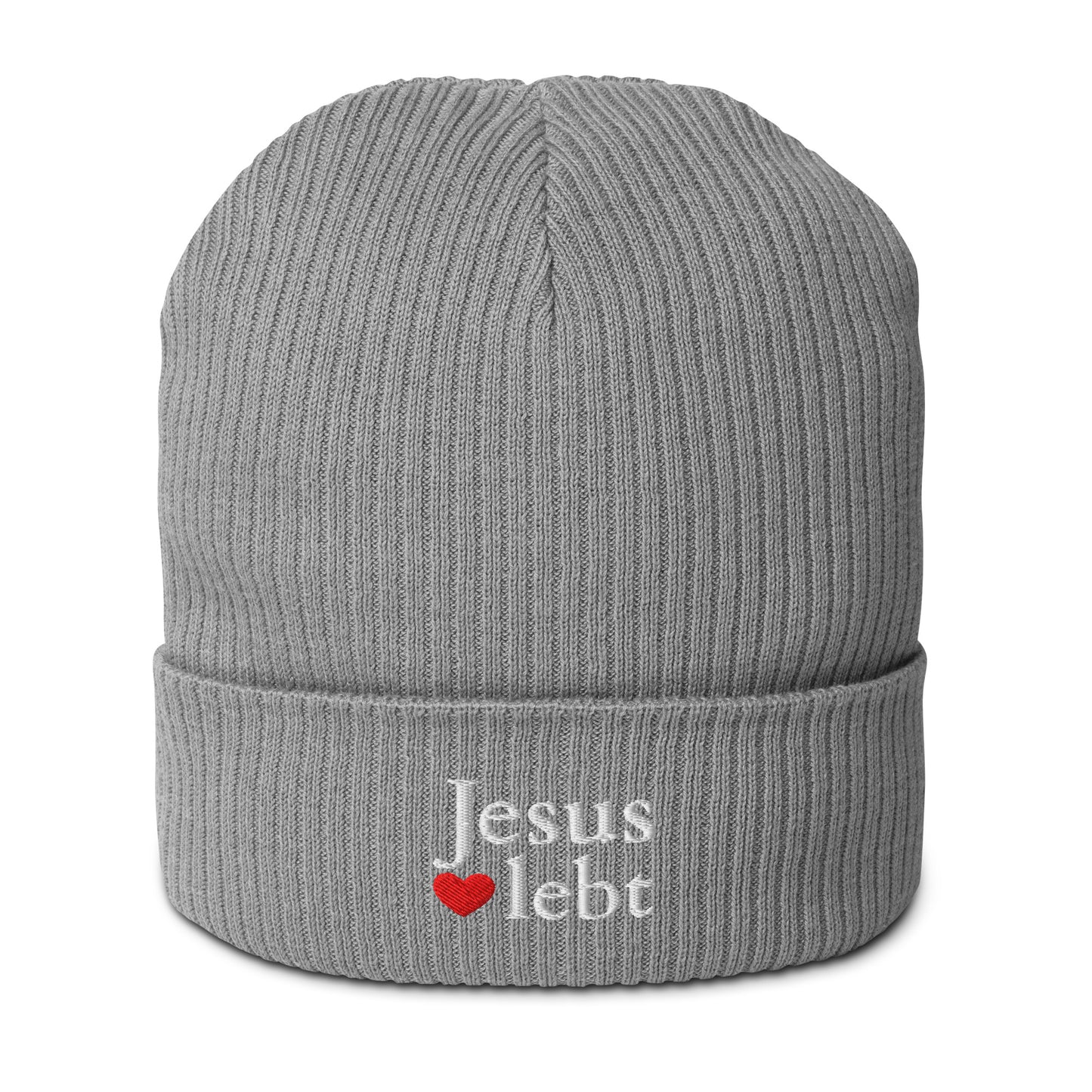Warme Wintermütze Jesus lebt in Grau aus 100% Bio-Baumwolle mit stylischem Schriftzug.