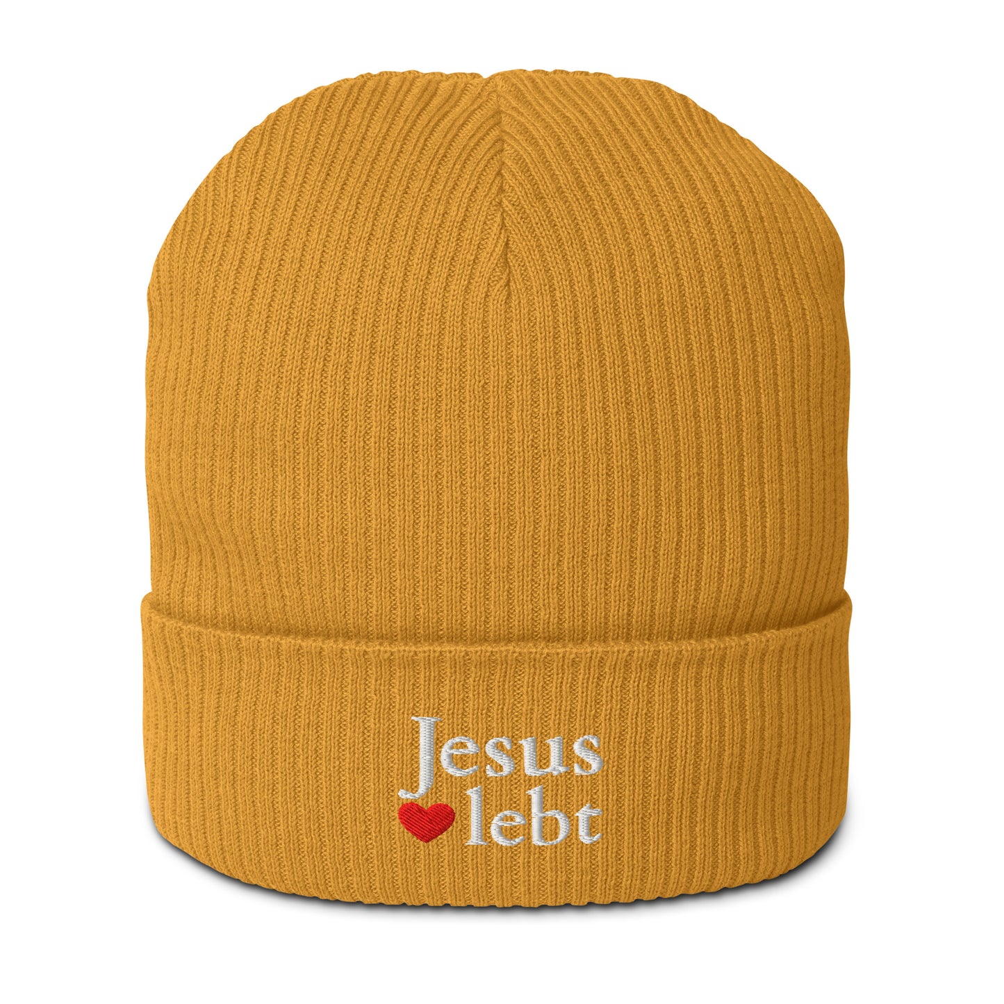 Warme Wintermütze Jesus lebt aus 100% Bio-Baumwolle, in goldener Farbe, mit gesticktem Schriftzug Jesus lebt.