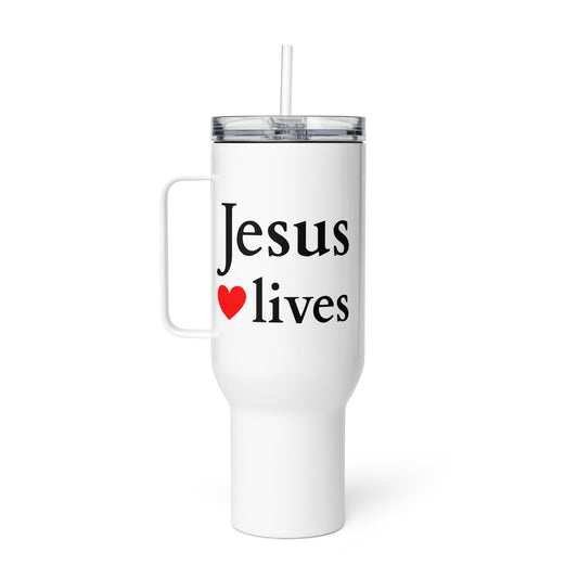Jesus lives - Travel mug with a handle -helles design - EN faith design by The Light of Life