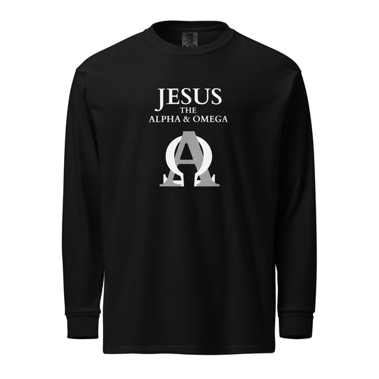 JESUS The Alpha & Omega - Garment-dyed heavyweight long-sleeve shirt - dark design - EN ${variant-option} faith design by The Light of Life