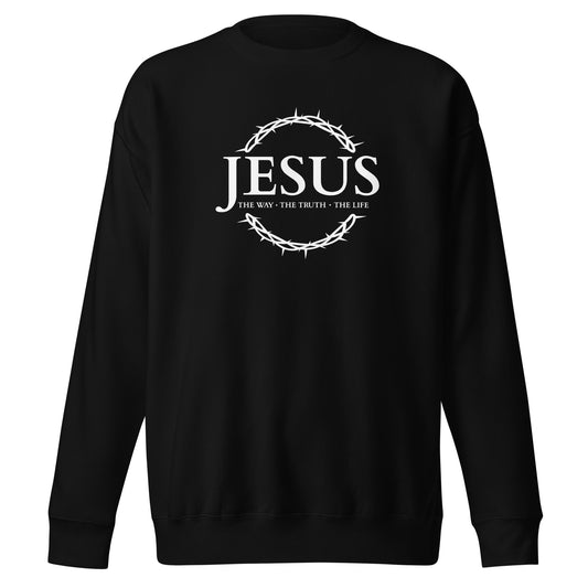 Christian faith Sweatshirt featuring a black design with 'JESUS' and religious text in a circular layout.