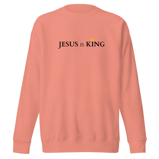 Christian Sweatshirt Jesus is King in peach color, featuring a bold text design, perfect for stylish streetwear.