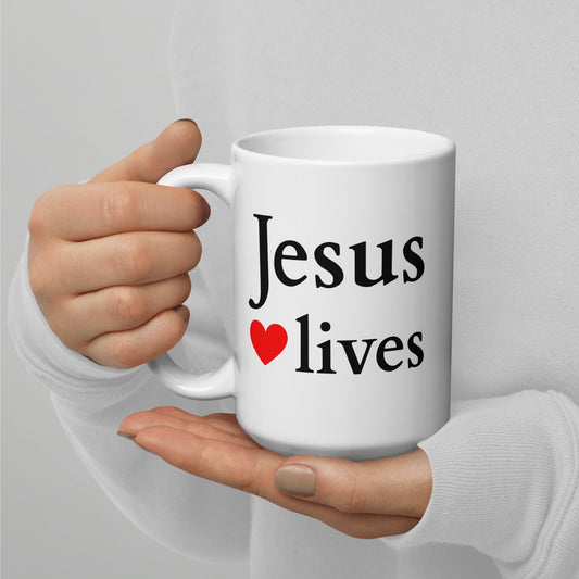 Jesus lives - White glossy mug - helles design - EN faith design by The Light of Life