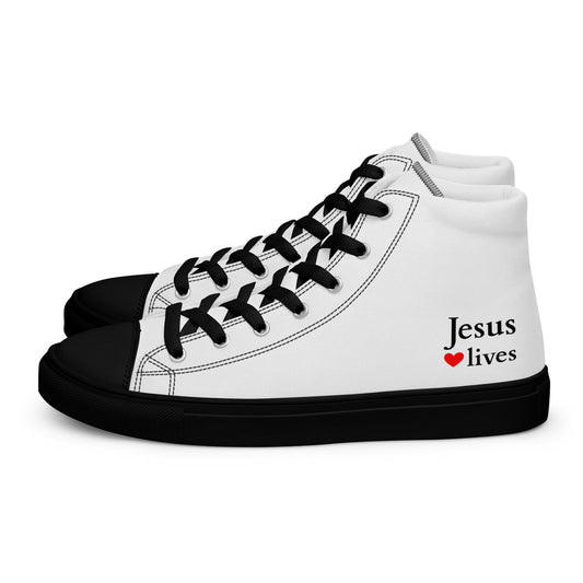 Jesus lives - Women’s high top canvas shoes - black & white EN faith design by The Light of Life